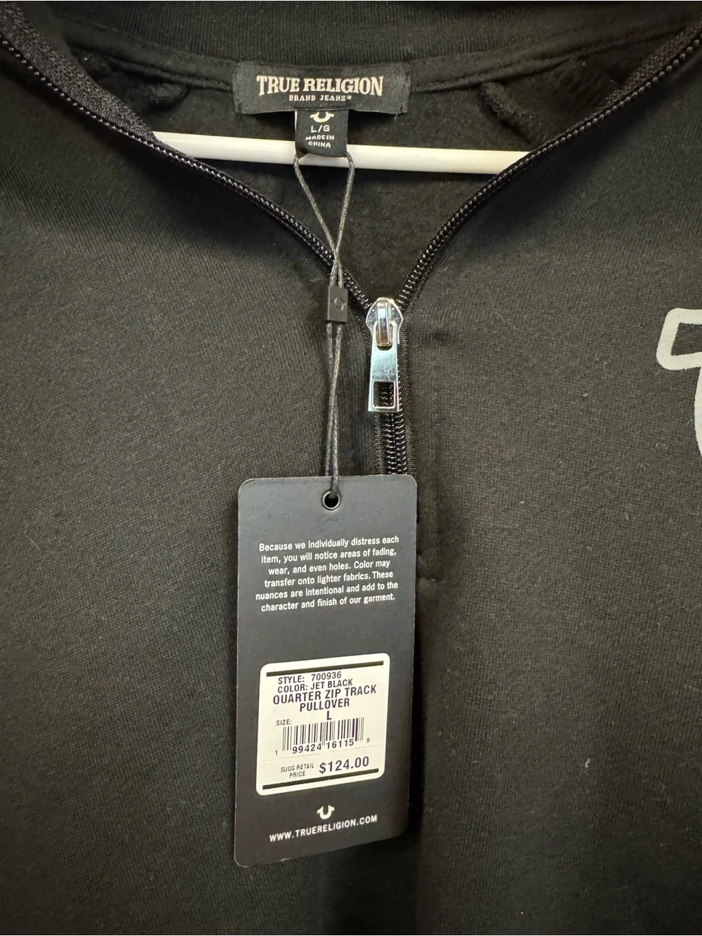 True Religion Jet Black Quarter Zip Track Pullover Hoodie Men’s Size Large NWT